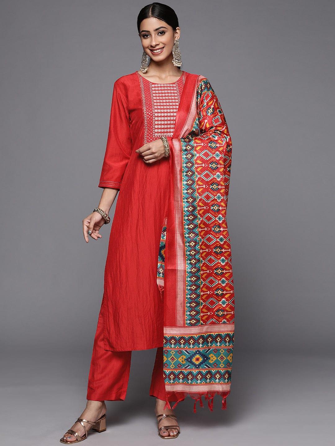 Varanga Women Rust Embroidered Empire Kurta with Trousers & With DupattA - Indiakreations