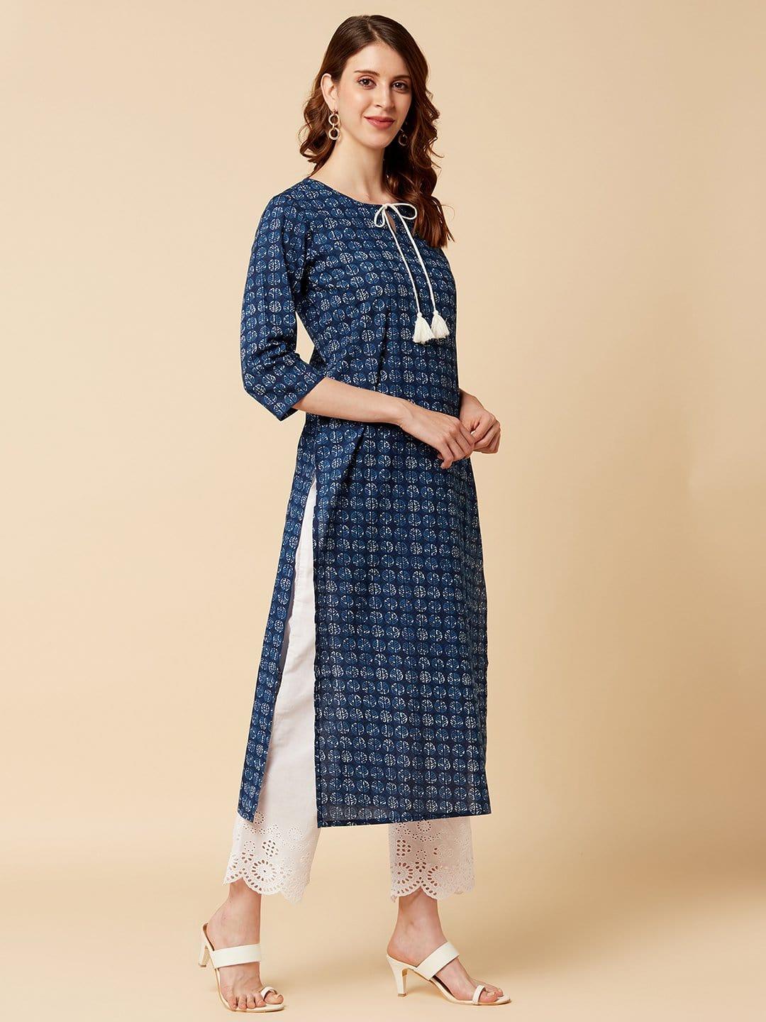 KSUT Indigo Printed Kurta With Keyhole Neckline And 3/4Th Sleeves - Indiakreations