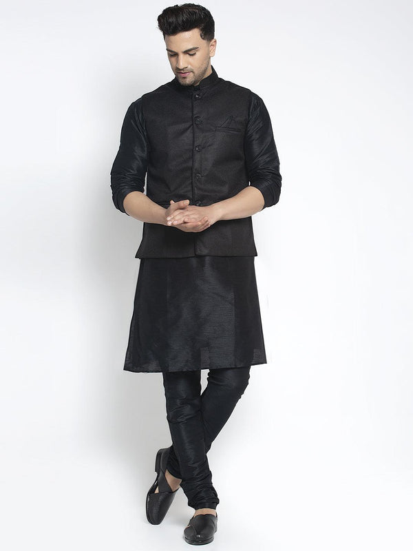 Men's Silk Blend Black Kurta With Pyjama & Black Nehru Jacket - Benstoke - Indiakreations