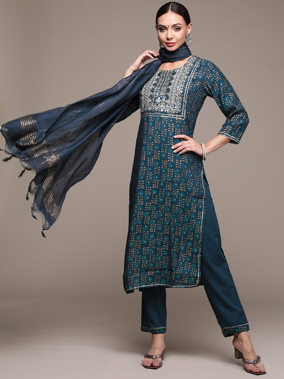 Women's Teal Printed Zari Embroidered Kurta Set With Trousers And Dupatta - Anubhutee