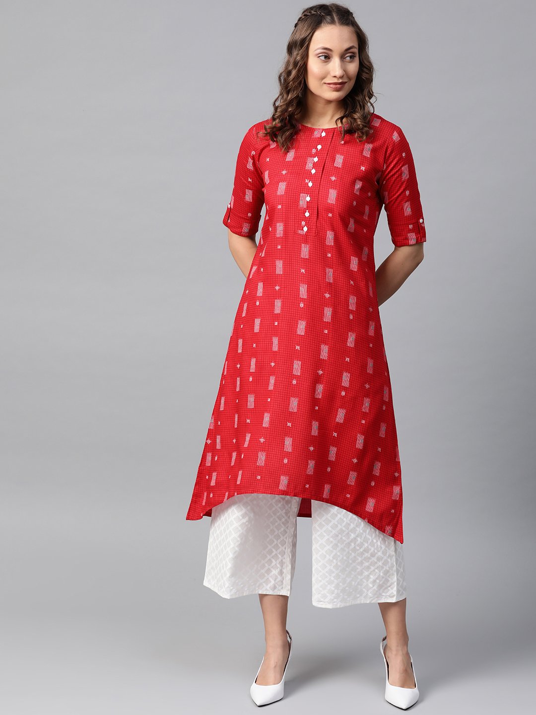 Women's Red & White Printed Kurta with Palazzos - Anubhutee