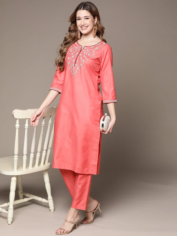 Women's Pink Zari Embroidered Kurta With Trousers - Anubhutee