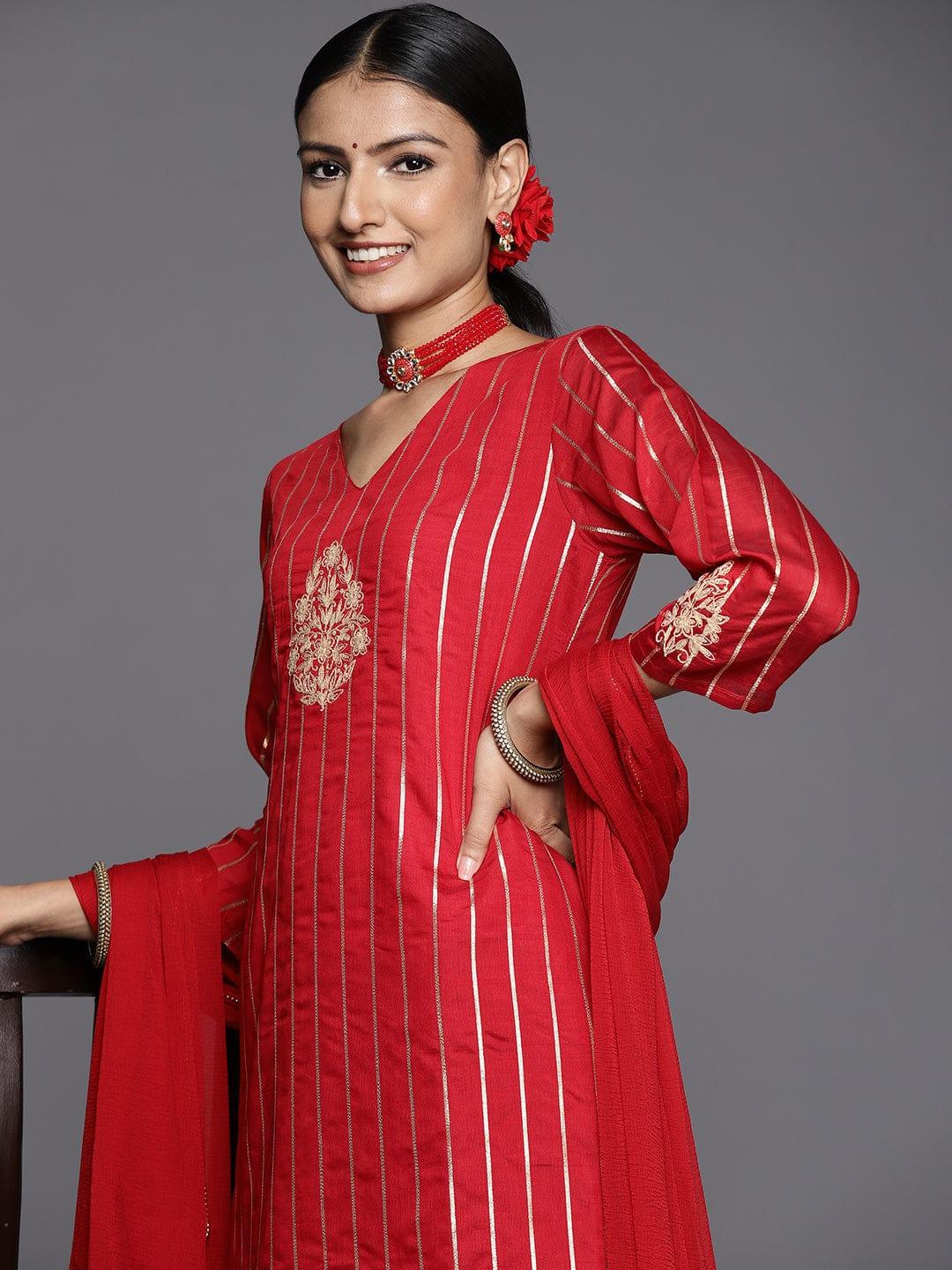 Varanga Women Red Floral Embroidered Kurta with Trousers & With Dupatta - Indiakreations