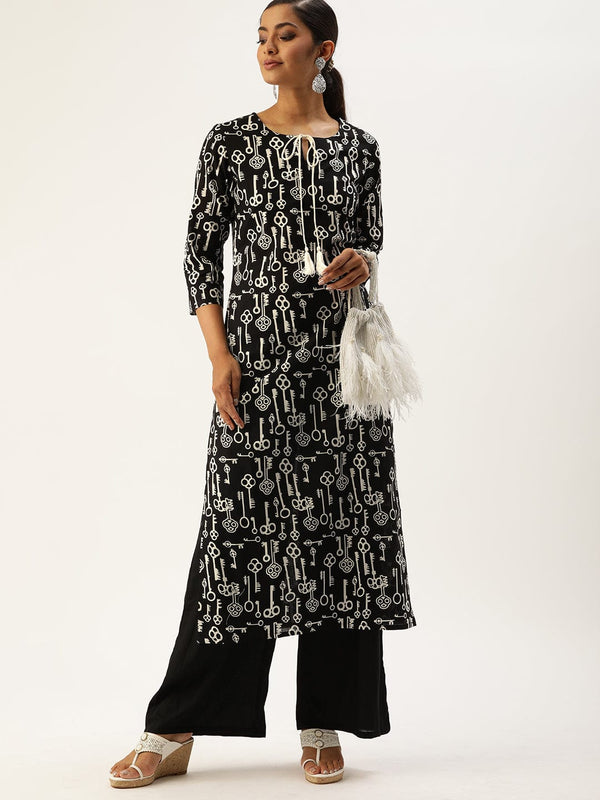 Women's Black & Off-White Printed Straight Kurta - Varanga