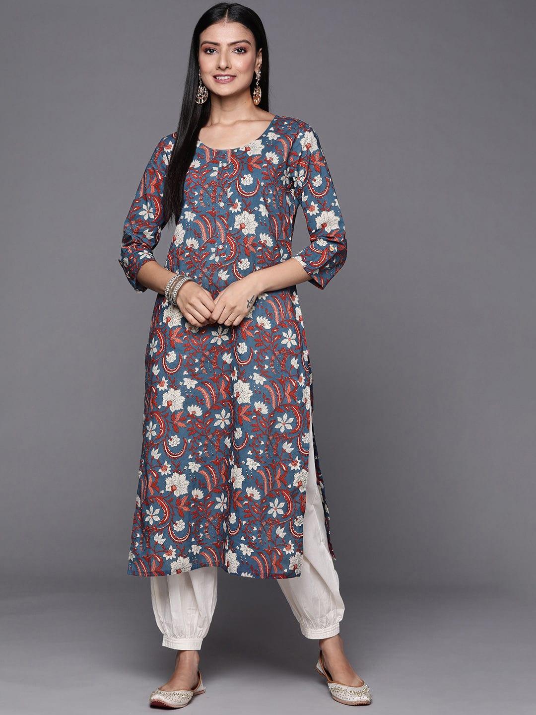 Varanga Women Blue & Maroon Floral Printed Indie Prints Kurta - Indiakreations