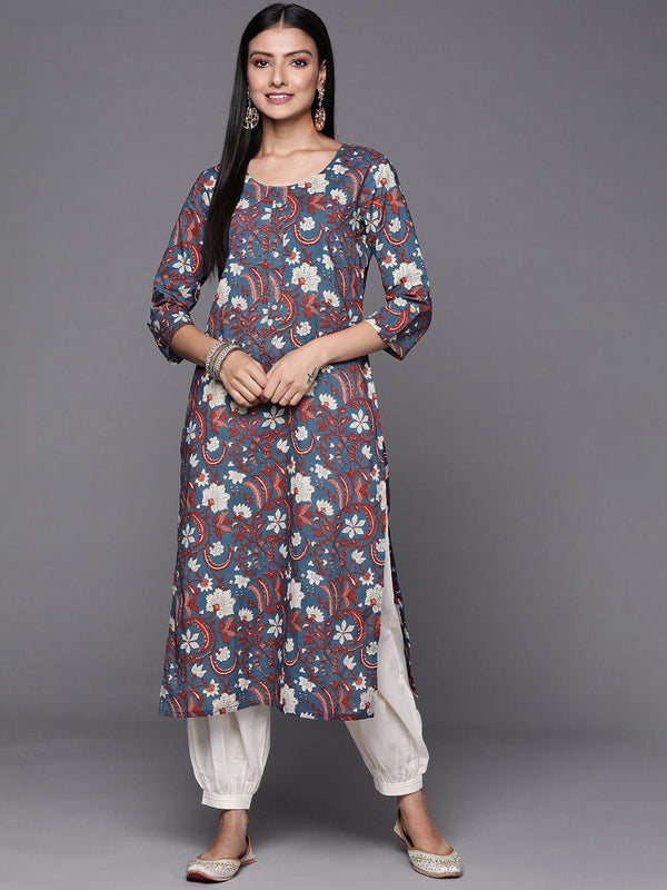 Varanga Women Blue & Maroon Floral Printed Indie Prints Kurta - Indiakreations