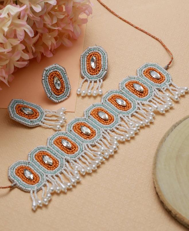 Women's White Crystal Studed Gold-Plated Orange Beaded & Handcrafted Jewellery Set With Ring - Jazz And Sizzle - Indiakreations