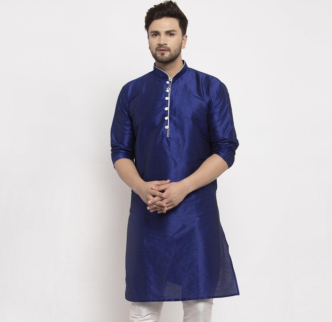 Men's Silk Blend Royal Blue Straight Long Kurta - Benstoke - Indiakreations