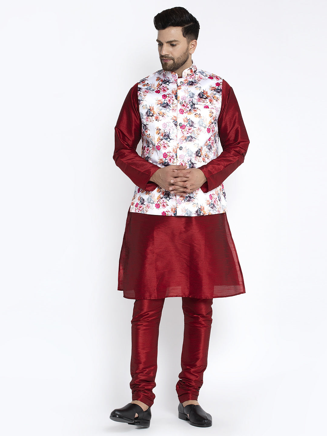 Men's Silk Blend Maroon Kurta With Pyjama & White Printed Nehru Jacket - Benstoke