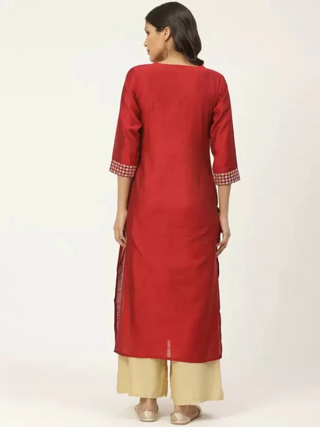 Women Embellished Silk Blend Straight Kurta (Maroon) - Indiakreations