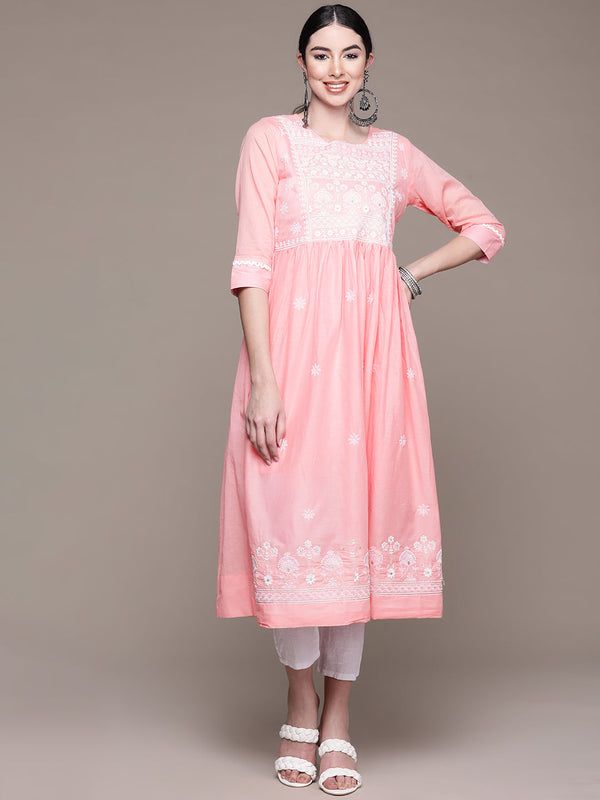 Women's Pink Yoke Embroidered Ethnic Dress - Anubhutee