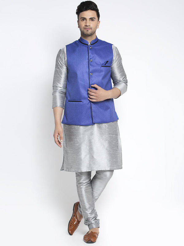 Men's Silk Blend Grey Kurta With Pyjama & Royal Blue Nehru Jacket - Benstoke - Indiakreations