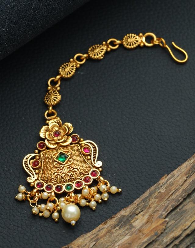 Women's Gold-Plated Green & Red Stone-Studded & Beaded Floral Temple Maang Tikka - Jazz And Sizzle - Indiakreations