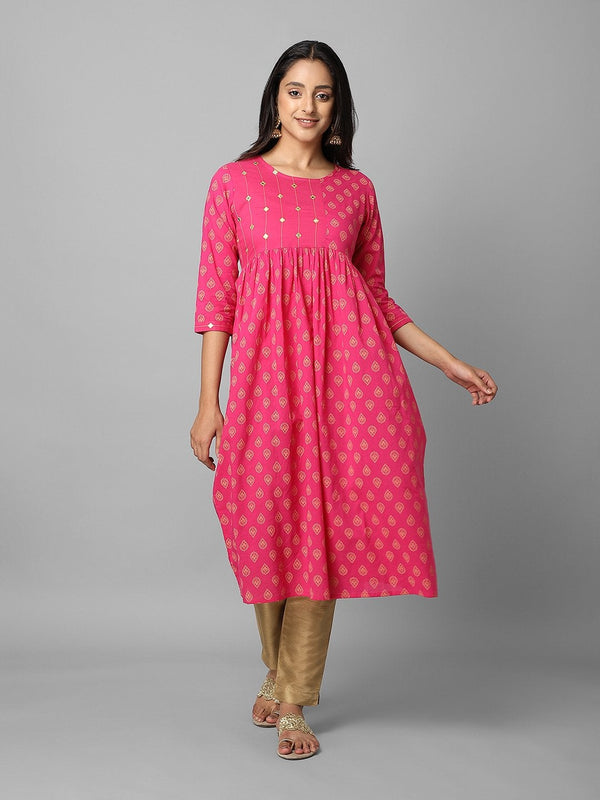 Women's Gold Printed Magenta Ethnic Printed Gathered A-Line Kurta - Azira