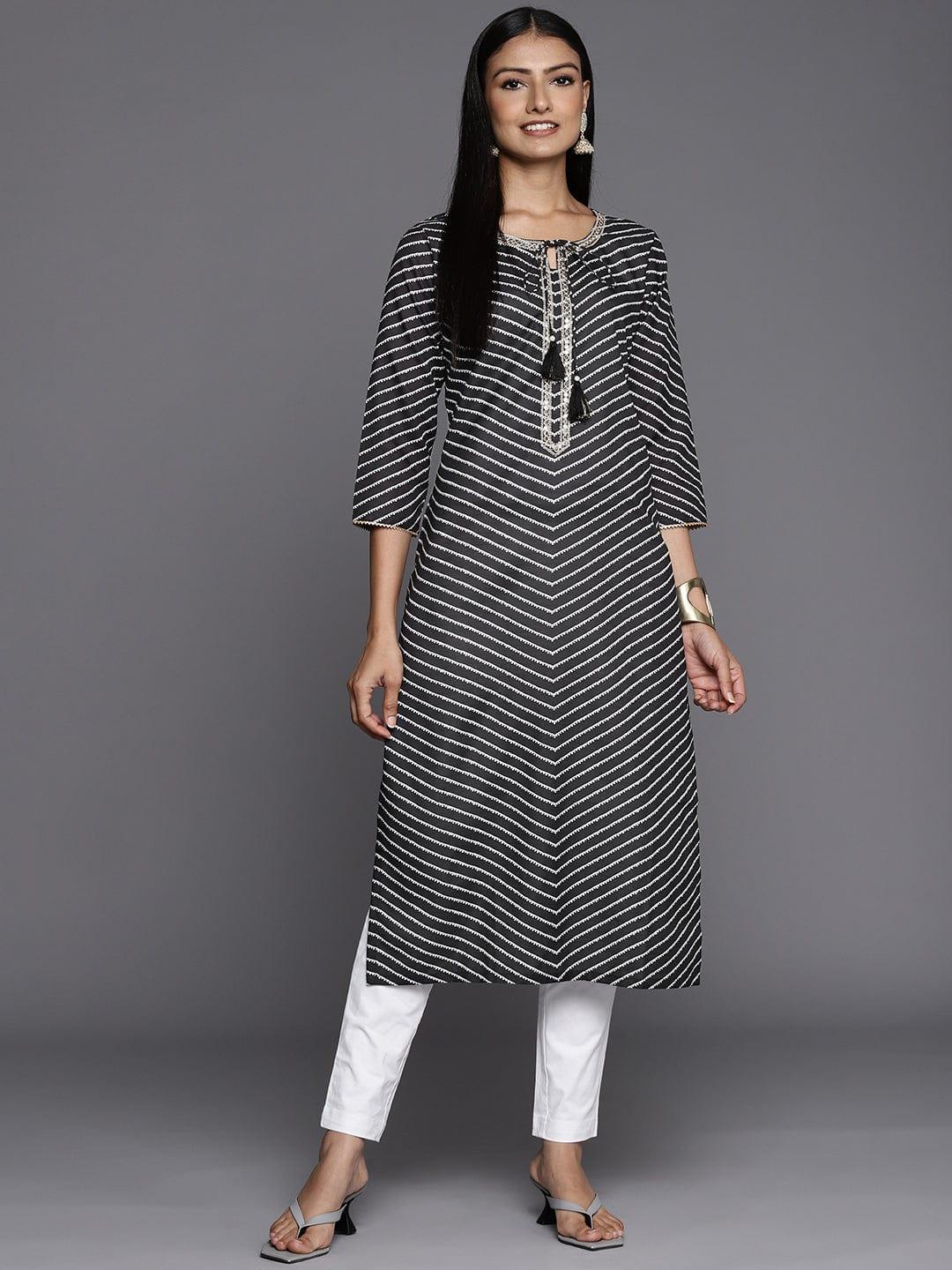 Varanga Women Black & White Striped Kurta - Indiakreations