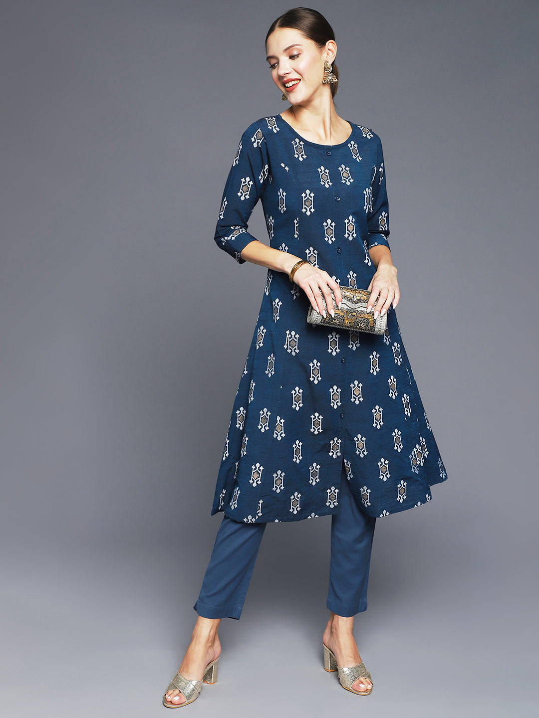 Women's Blue Ethnic Motifs Printed A-Line Kurta - Anubhutee