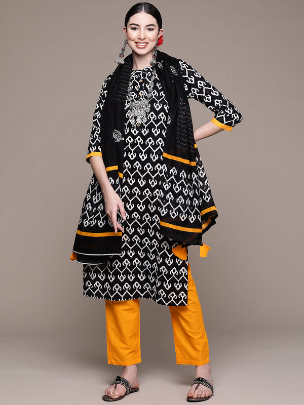 Women Black and White Printed Kurta with Trousers and Dupatta by Anubhutee (3 Pc Set)