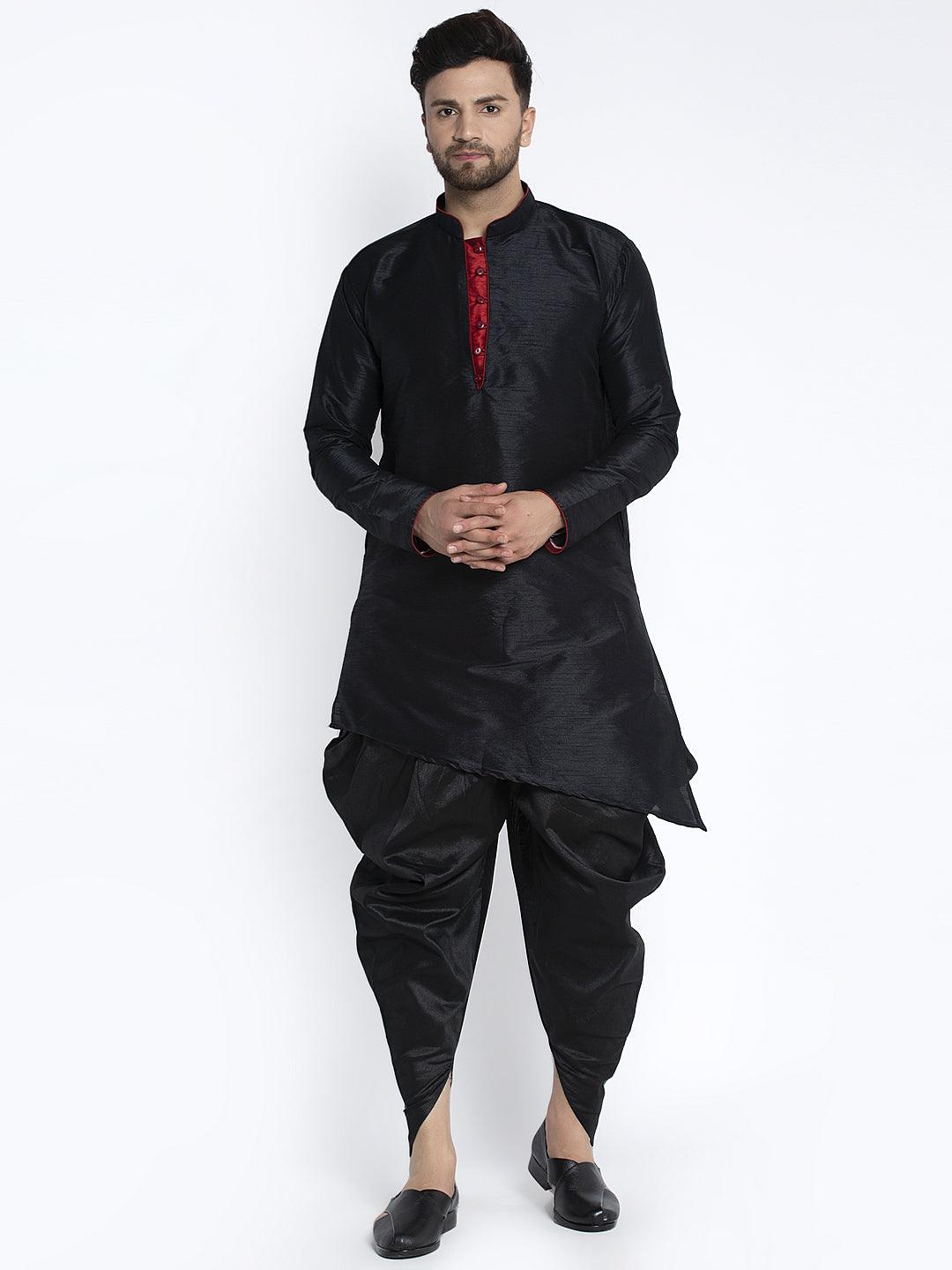 Men's Black Solid Kurta With Dhoti Pant - Benstoke - Indiakreations