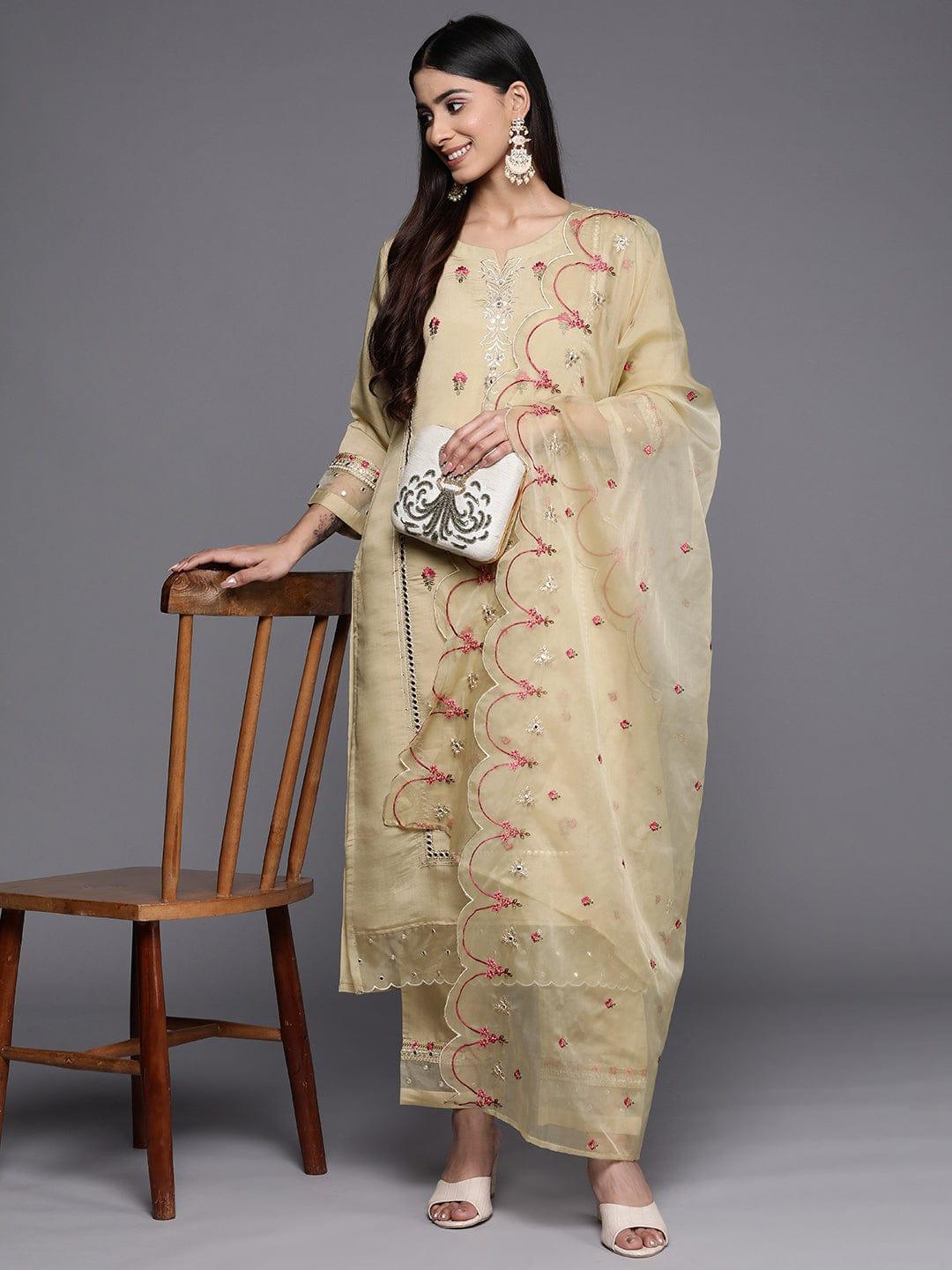 Varanga Floral Embroidered Mirror Work Kurta with Trousers & Dupatta - Indiakreations