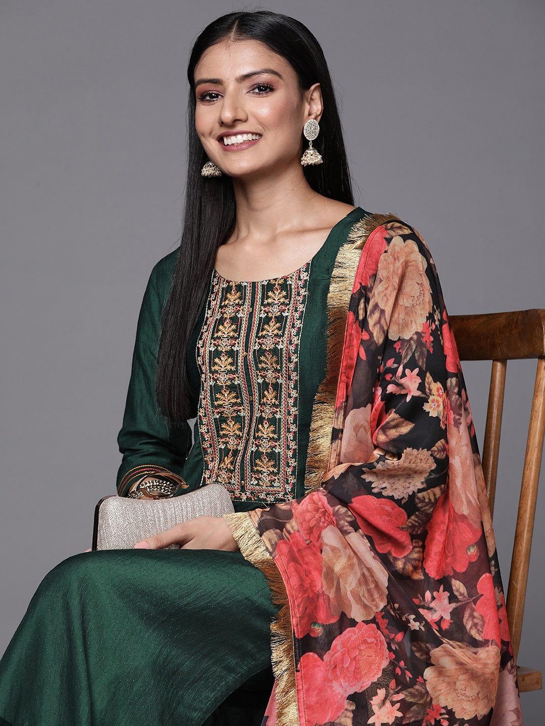 Varanga Women Green Floral Embroidered Thread Work Kurta with Trousers & With Dupatta - Indiakreations