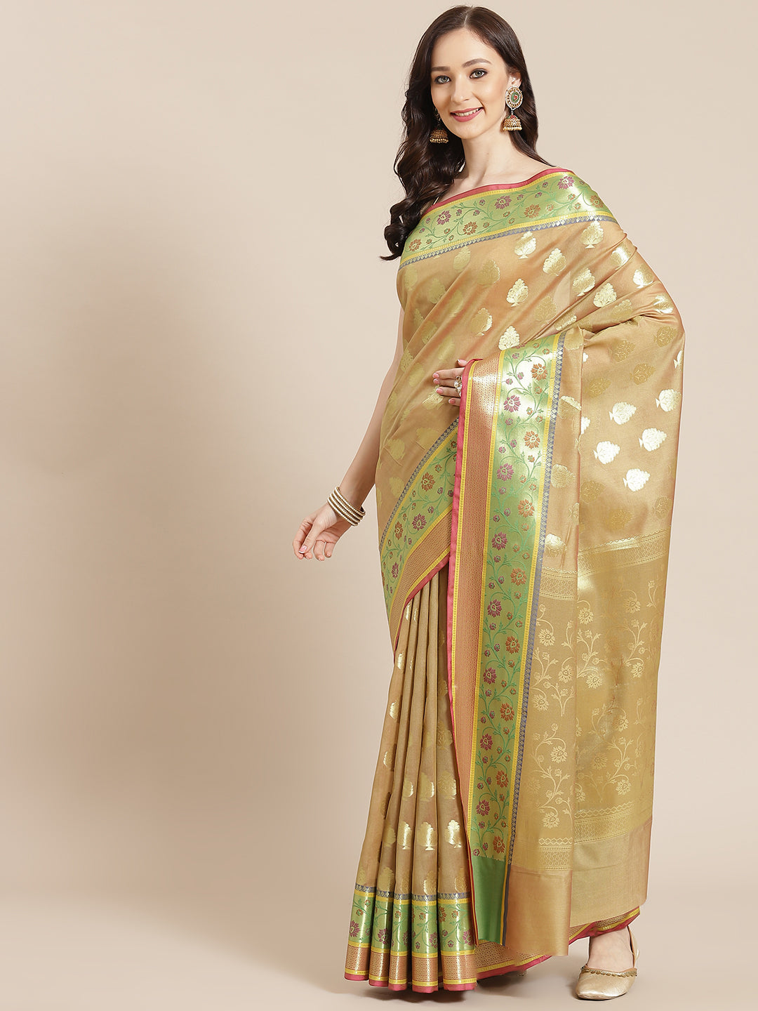 Women's Beige Silk Jaamdani Cutwork Saree - Varanasi - Indiakreations