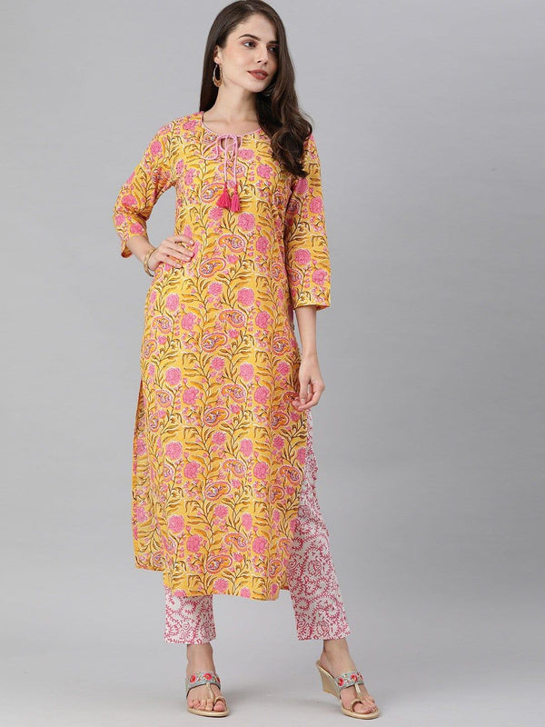 KSUT Mustard And Pink Kalamkari Printed Kurta With Printed Pants - Indiakreations