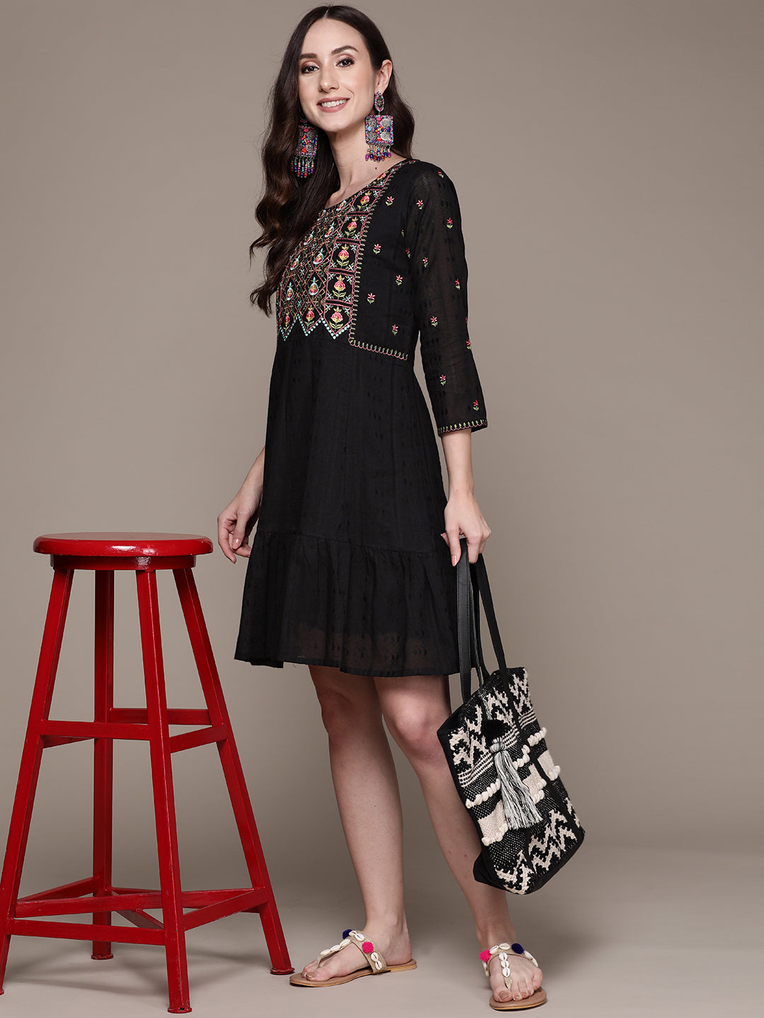 Women's Black Embroidered Flared Dress - Anubhutee