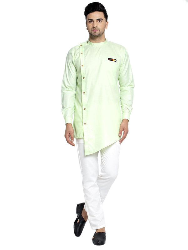 Men's Cotton Green Asymmetric Solid Kurta With White Trousers - Benstoke - Indiakreations