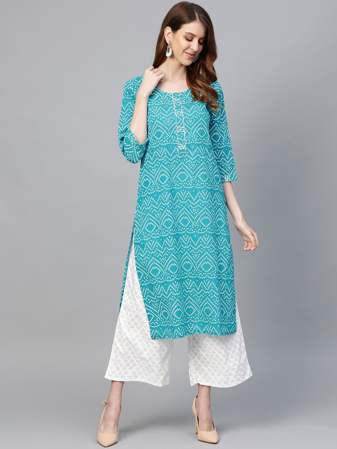 Women's Turquoise Blue & White Bandhani Print Kurta with Palazzos - Anubhutee