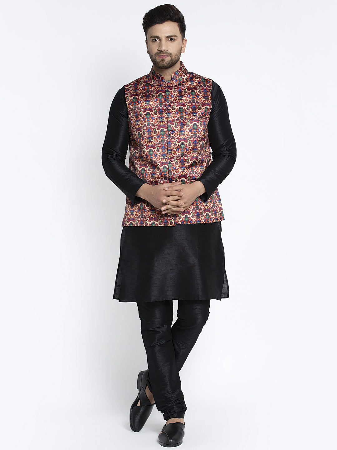 Men's Silk Blend Black Kurta With Pyjama & Maroon Printed Nehru Jacket - Benstoke