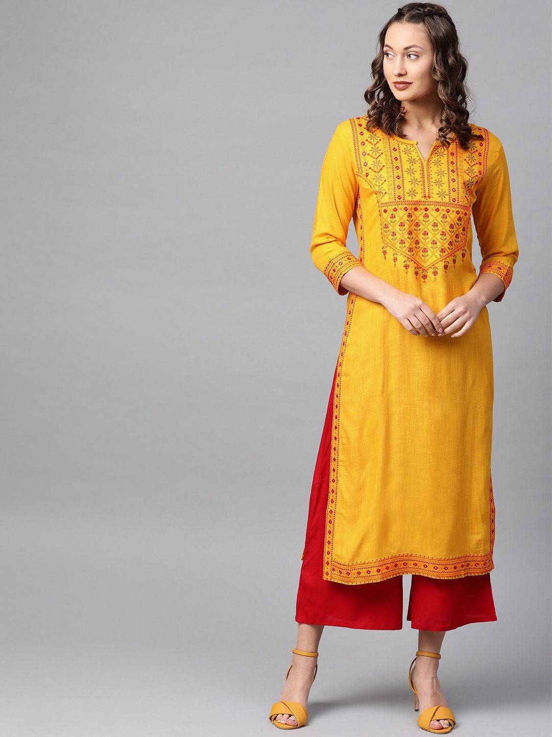 Women Mustard Yellow & Maroon Kurta with Palazzos by Anubhutee (2pcs Set)