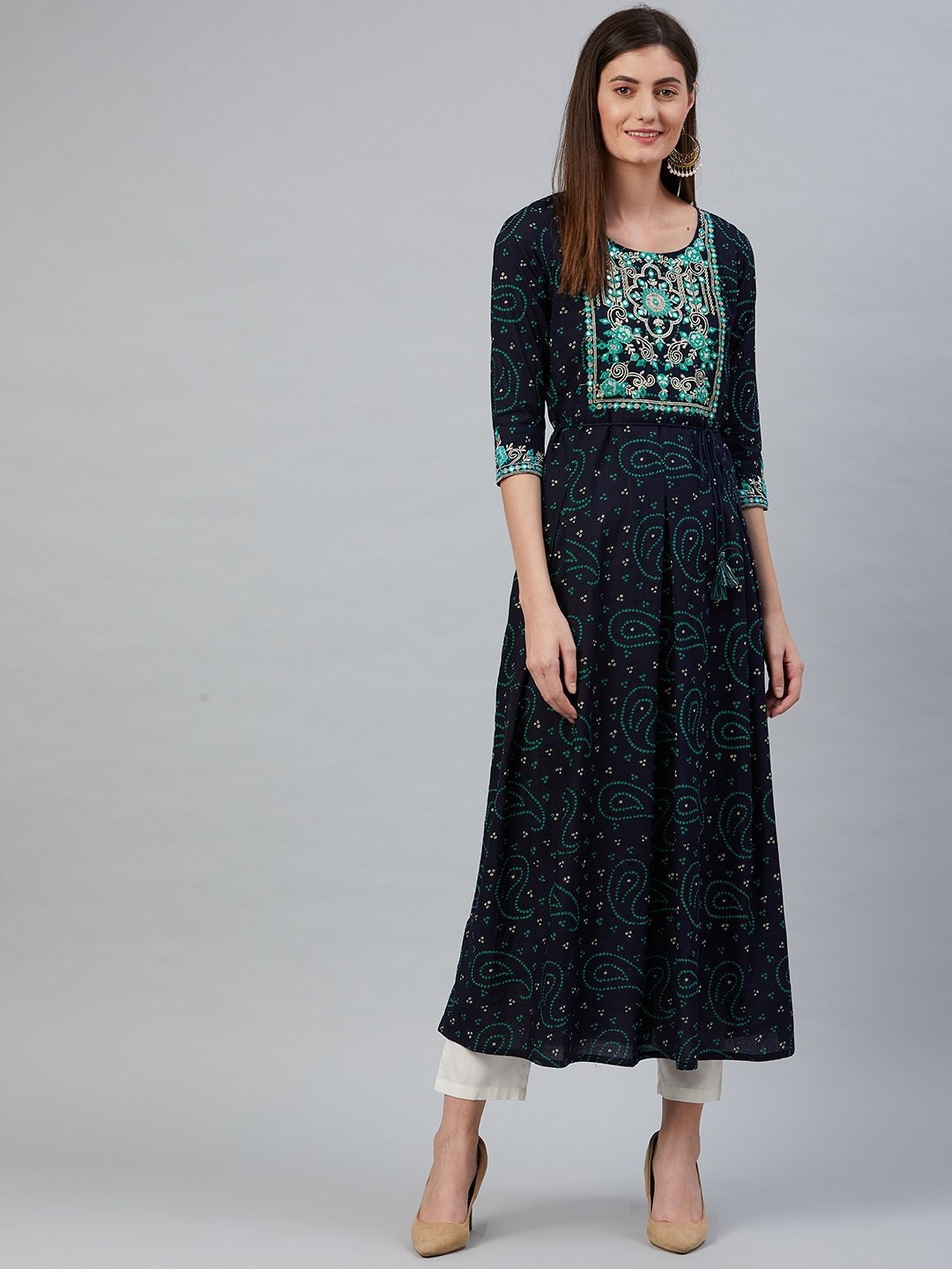 Women's Navy Blue Bandhej Printed Kurta - Anubhutee