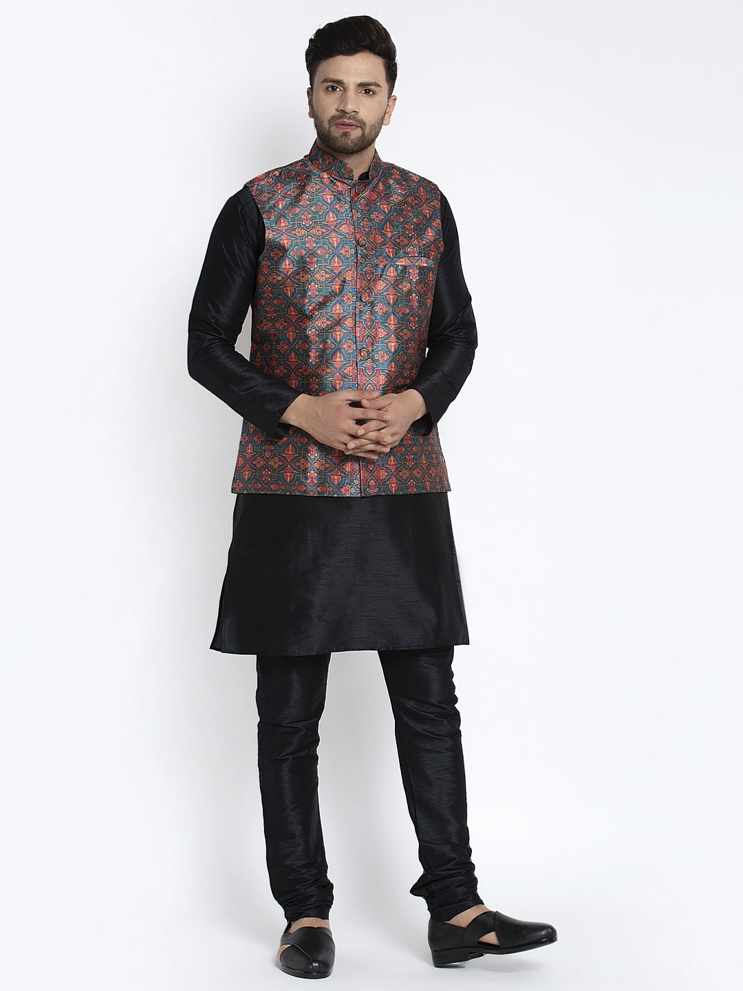 Men's Silk Blend Black Kurta With Pyjama & Green Printed Nehru Jacket - Benstoke