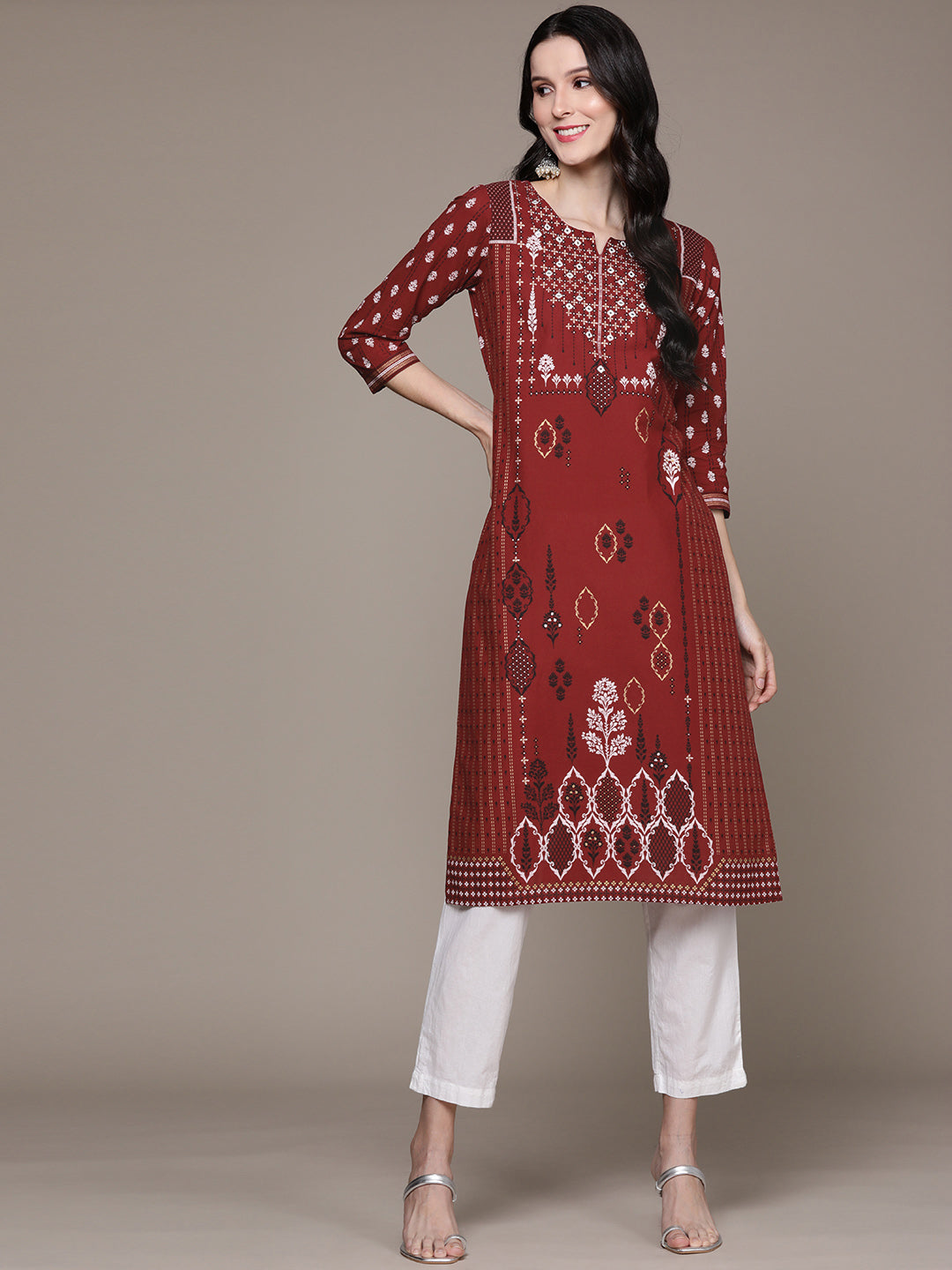 Women's Rust Printed Mirrorwork Kurta  - Anubhutee