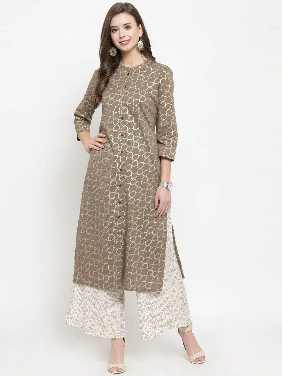 KSUT Women Grey & Beige Printed Kurta with Palazzos - Indiakreations