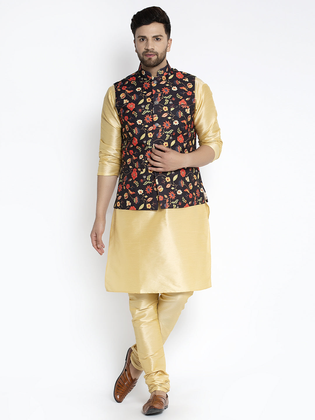 Men's Silk Blend Gold Kurta With Pyjama & Black Printed Nehru Jacket - Benstoke