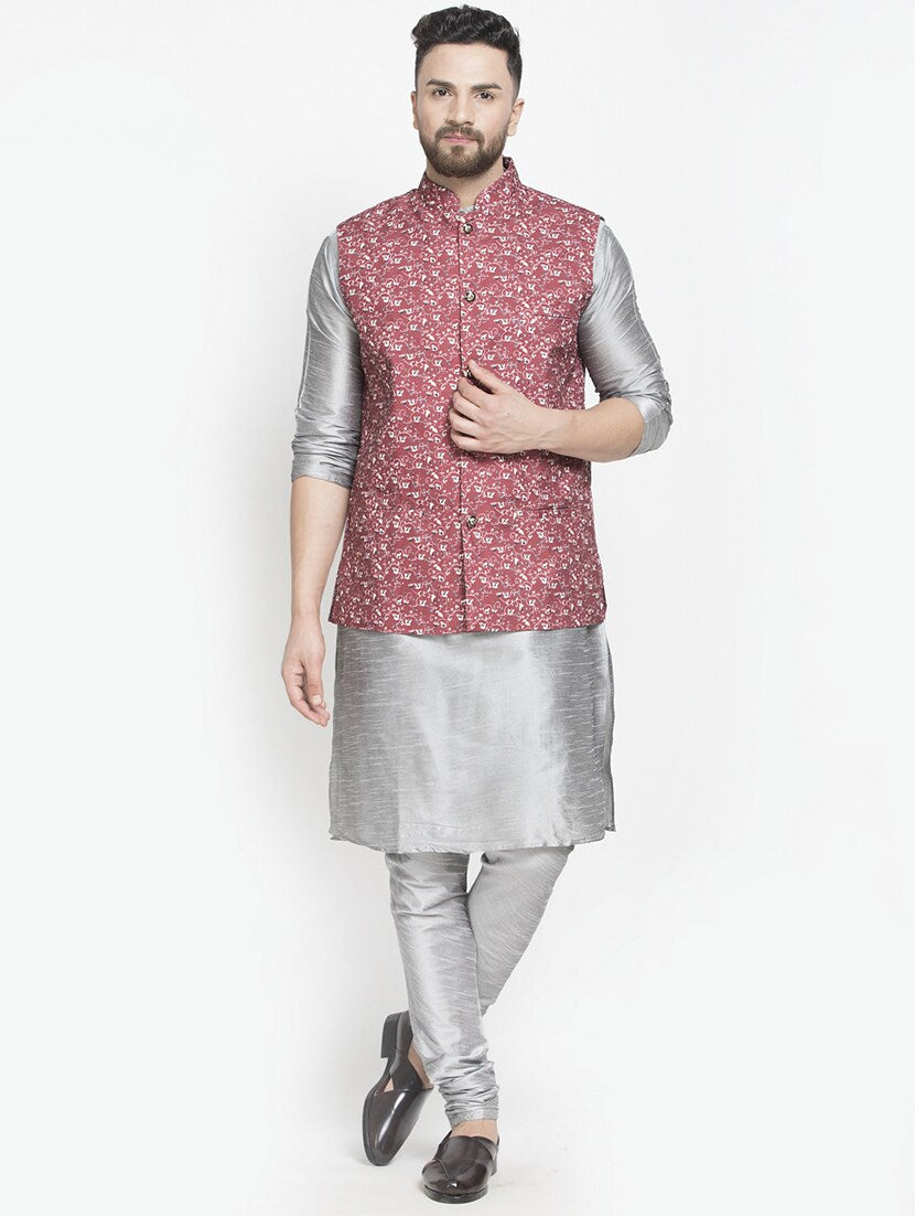 Men's Silk Blend Grey Kurta With Pyjama & Maroon Printed Nehru Jacket - Benstoke