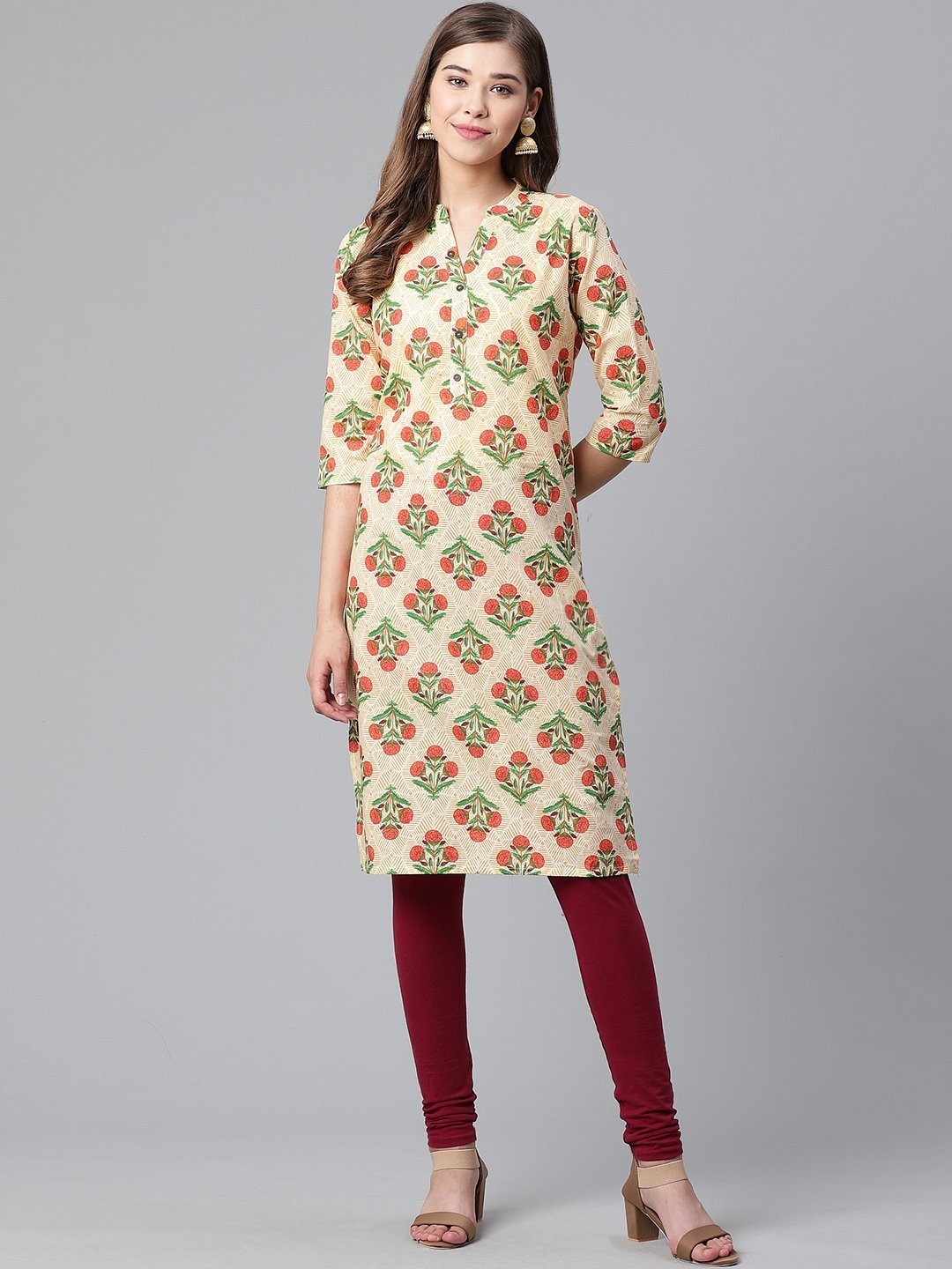 Women's Beige & Green Floral Print Straight Kurta - Anubhutee