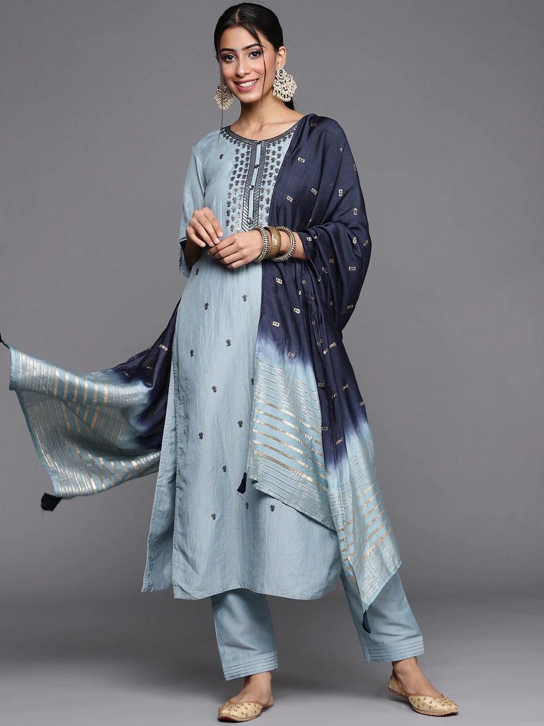 Varanga Women Blue & Silver Floral Sequined Straight Kurta Trousers & Ombre Dyed Dupatta - Indiakreations