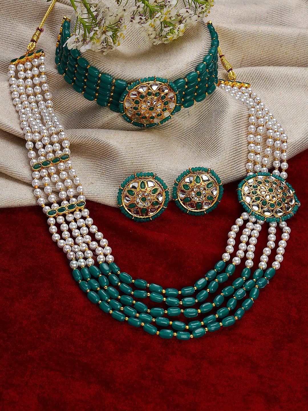 Women's Gold-Plated Green & White Combo Jewellery Set - Jazz And Sizzle - Indiakreations