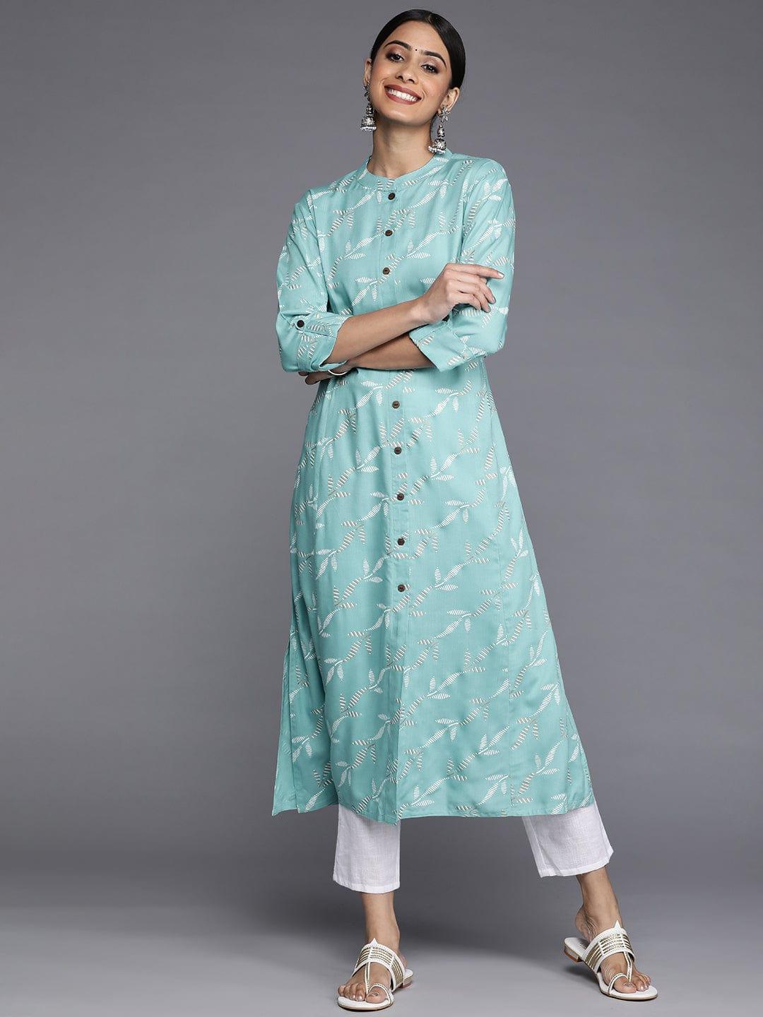 Varanga Women Turquoise Blue & White Floral Printed Kurta - Indiakreations