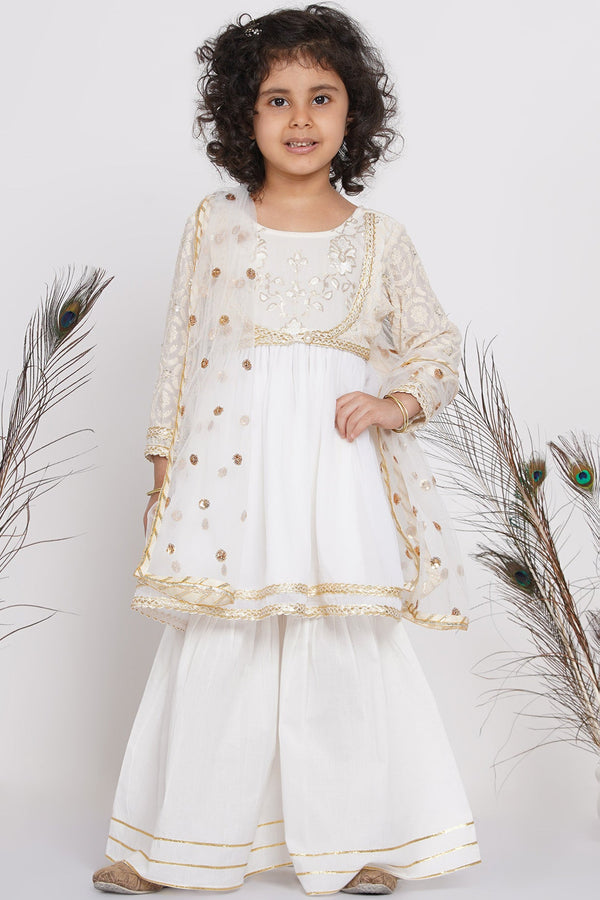 Girl's Cotton Floral Embroidery And Lacework Frock Kurta With Sharara And Dupatta - White - Little Bansi Girls