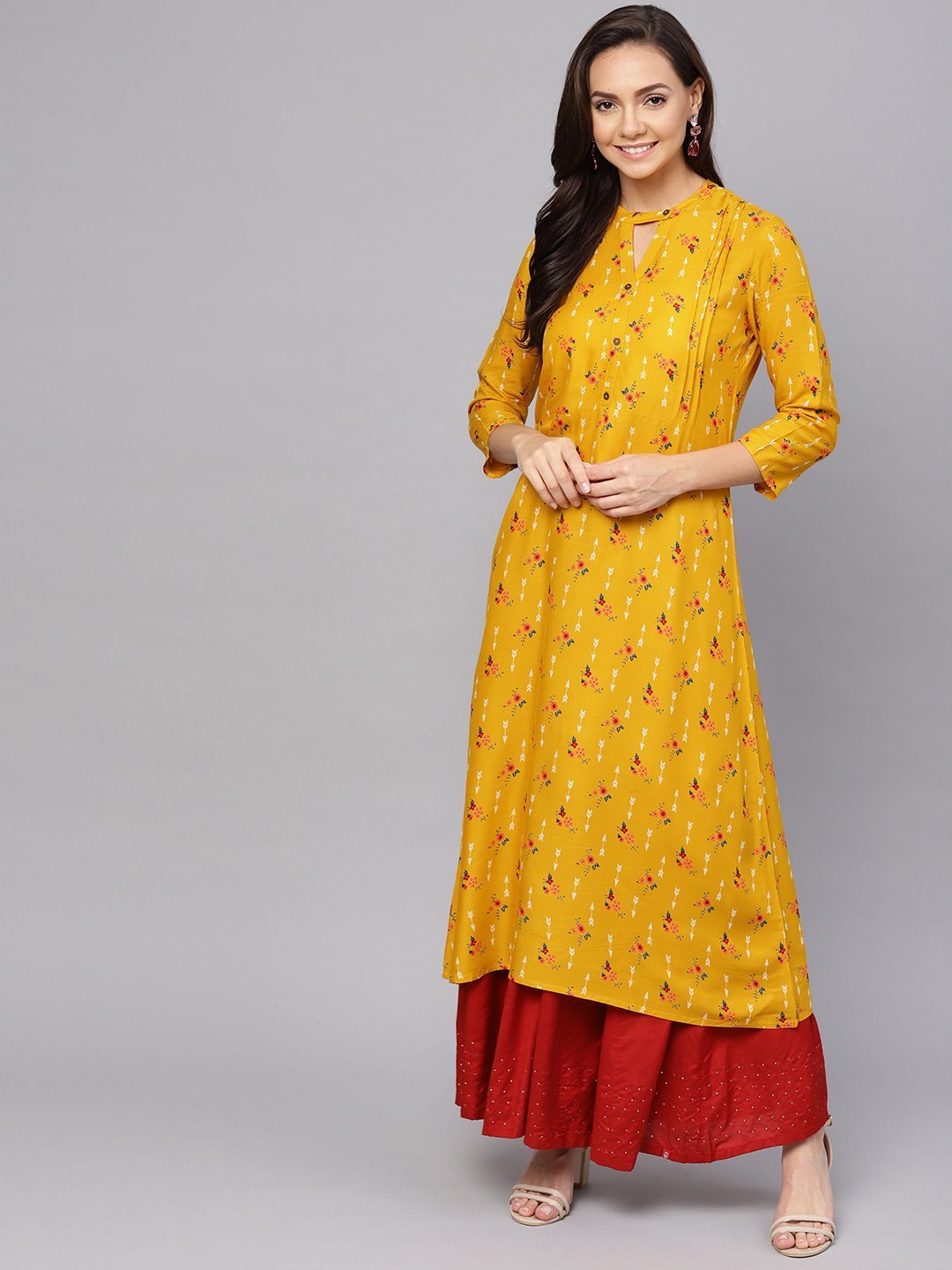 Women's Mustard Printed A-Line Kurta - Anubhutee