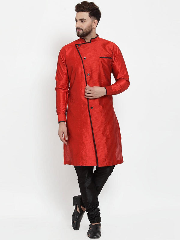 Men's Red Self Design Kurta With Black Churidaar Pyjama - Benstoke - Indiakreations