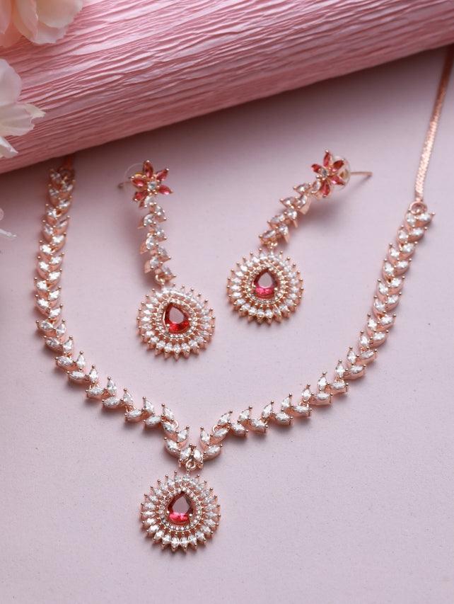 Women's Rose Gold-Plated Red American Diamond & Cz Studded Handcrafted Jewellery Set - Jazz And Sizzle - Indiakreations