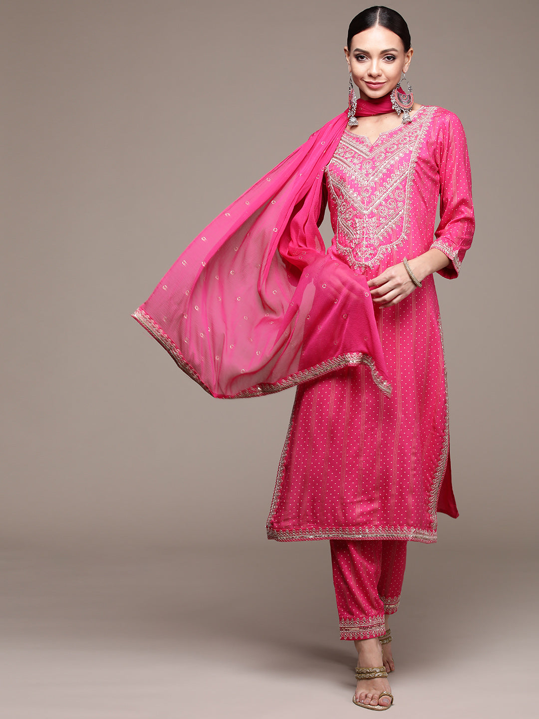 Women's Pink Zari Embroidered Kurta Set With Trousers And Dupatta - Anubhutee