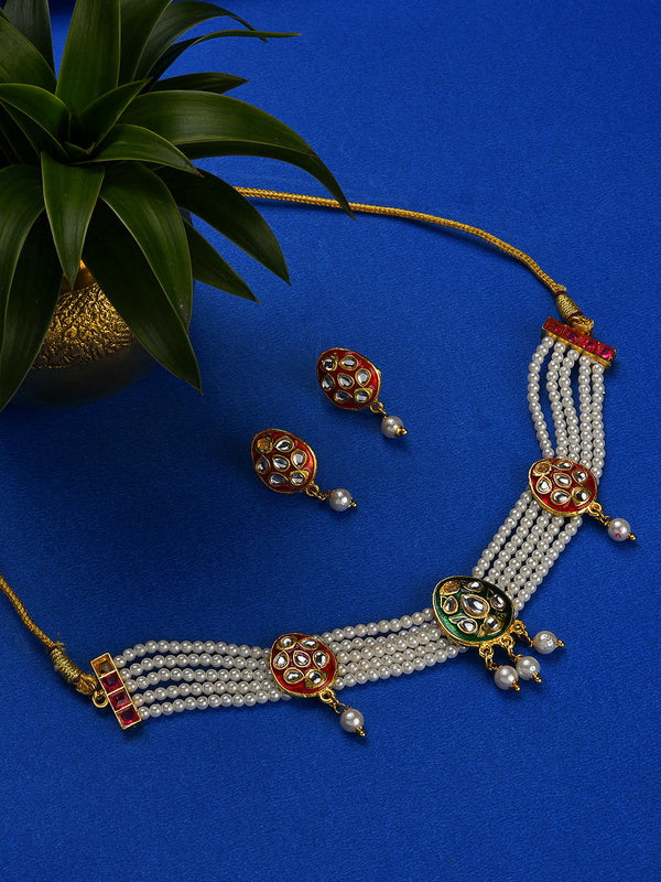 Women's Gold-Plated White Kundan-Studded & Beaded Jewellery Set - Jazz And Sizzle