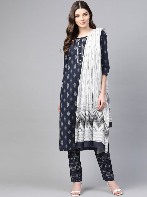 Women's Navy Blue Kurta with Palazzo and Dupatta - Anubhutee