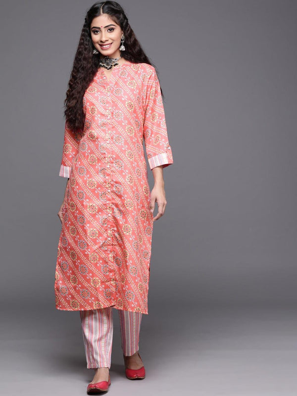 Varanga winter women kurta with button down paired with vertical strip printed pant - Indiakreations