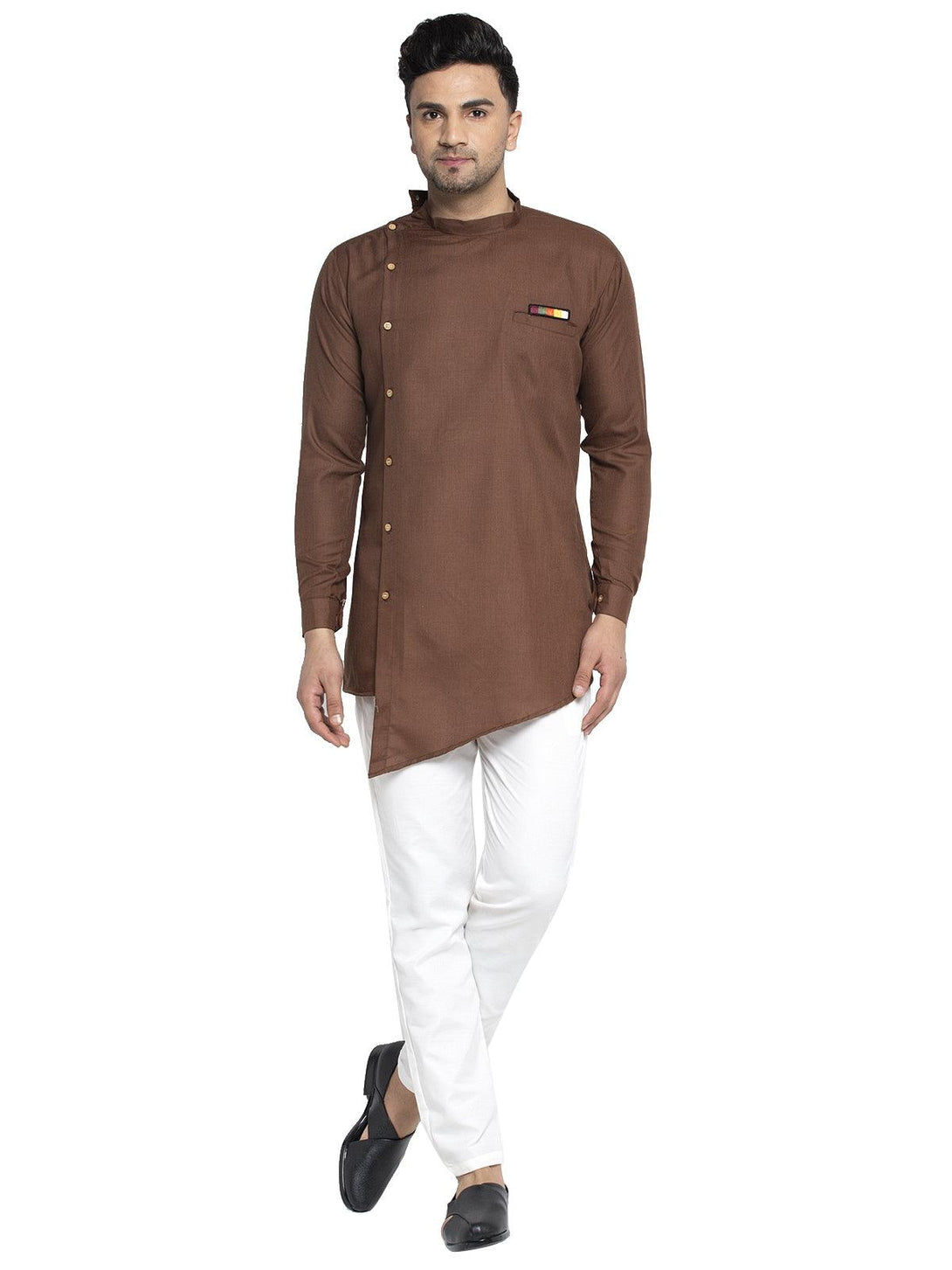 Men's Cotton Brown Asymmetric Solid Kurta With White Trousers - Benstoke - Indiakreations